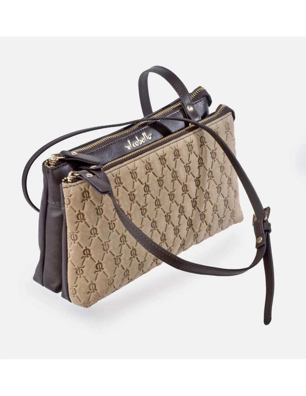 EL CABALLO Bolso bandolera con cremalleras en piel y Serraje grabado