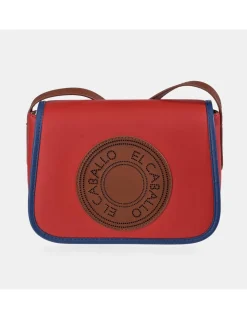 EL CABALLO Bolso bandolera con solapa en piel y lona canvas para mujer
