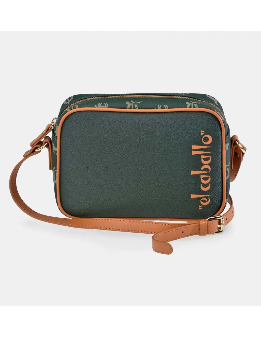 EL CABALLO Bolso bandolera con cremallera en lona estampada y piel