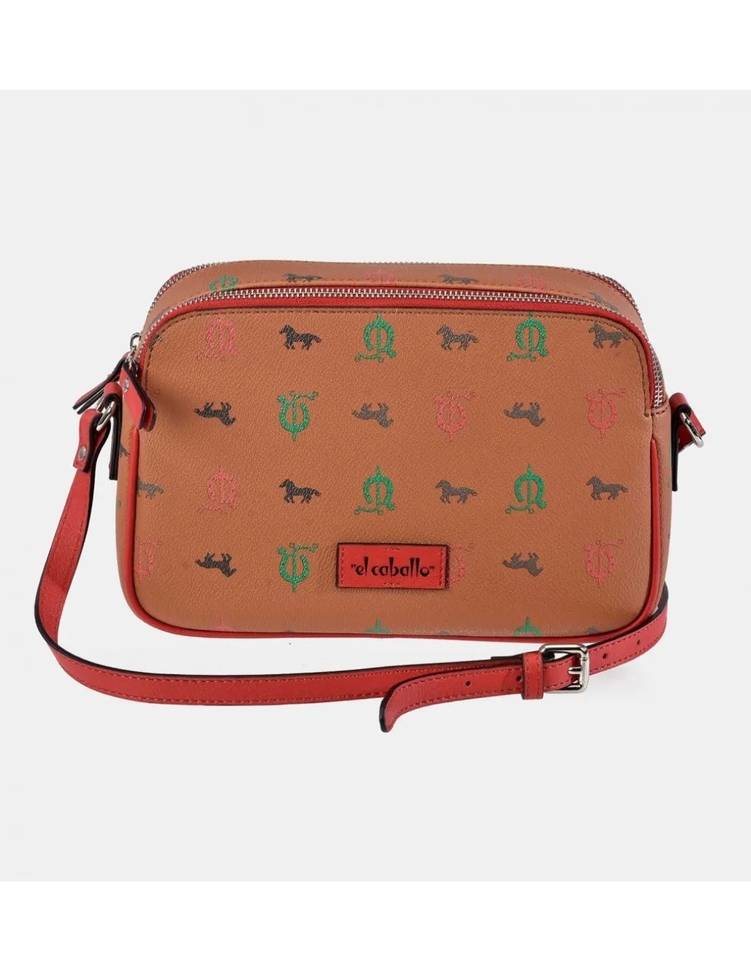 EL CABALLO Bolso con bandolera para mujer doble cremallera calidad lona y piel