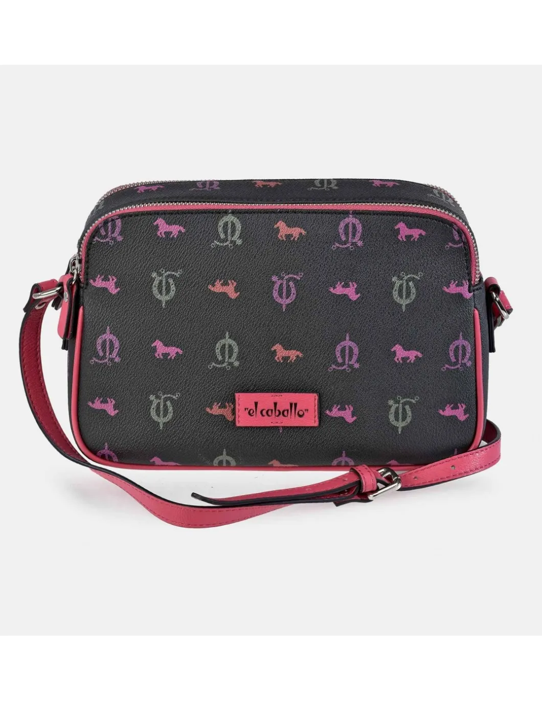 EL CABALLO Bolso con bandolera para mujer doble cremallera calidad lona y piel