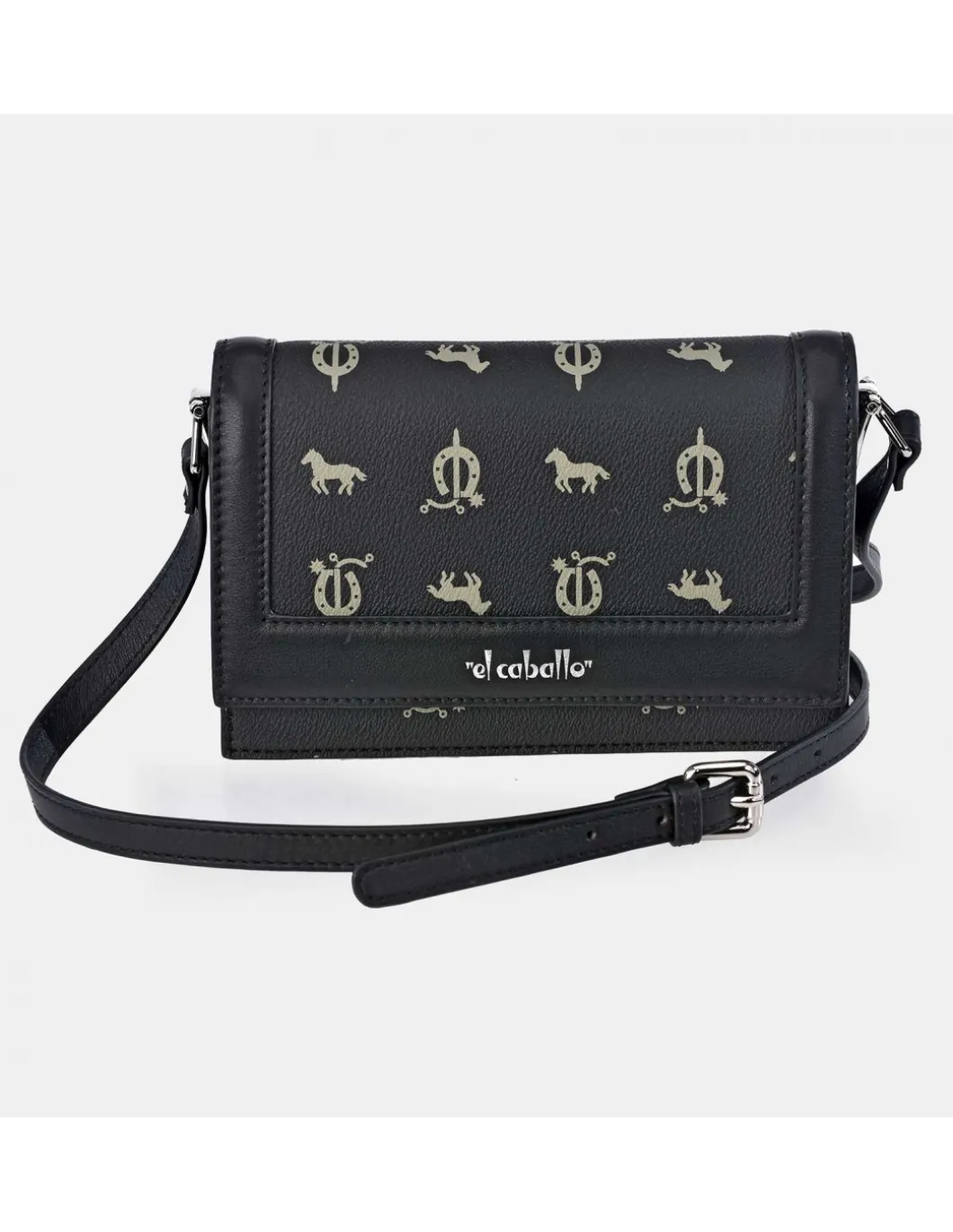 EL CABALLO Bolso de bandolera cuadrado con solapa en piel y lona estampada