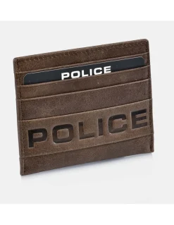 POLICE tarjetero plano de piel vintage para hombre logo grabado