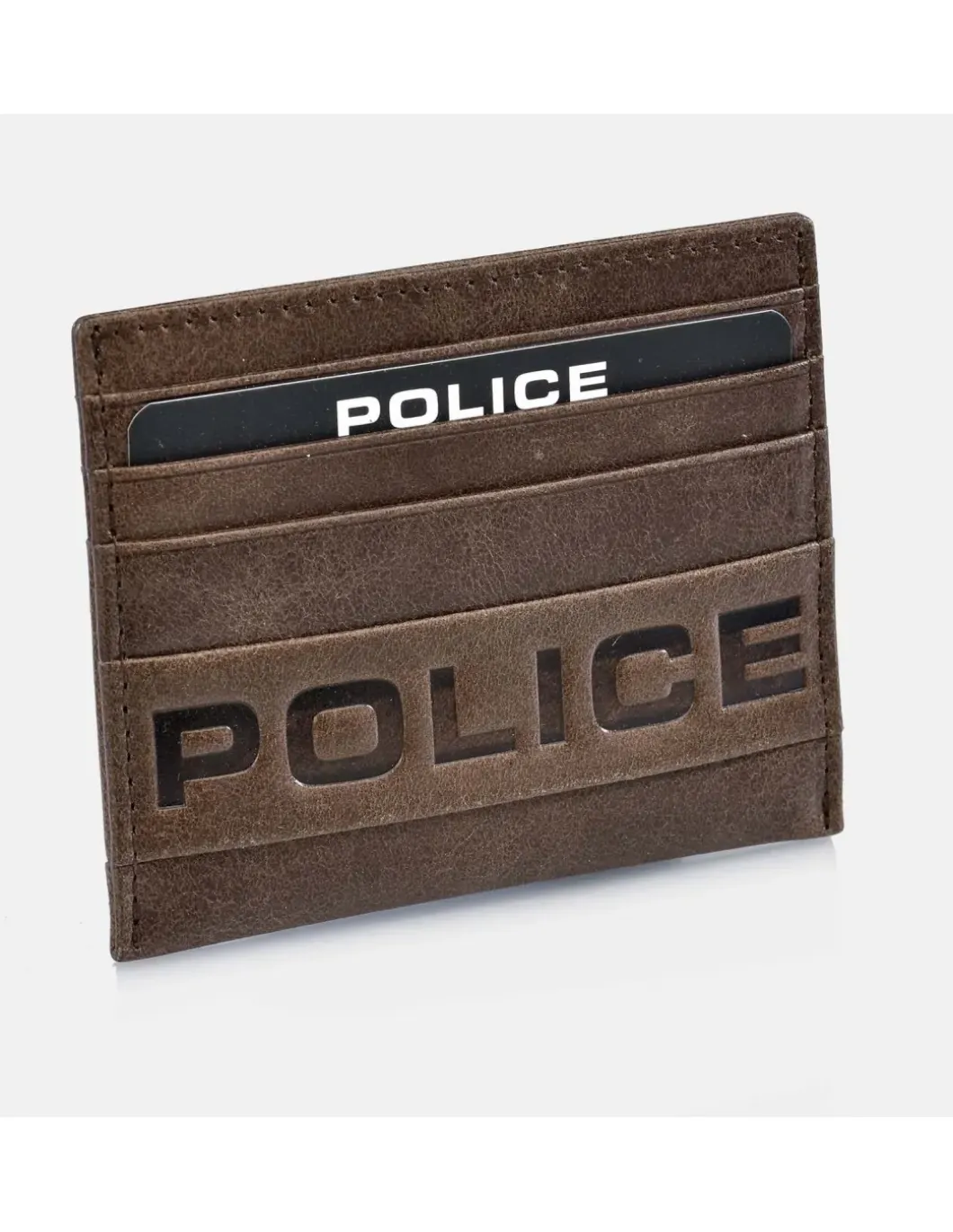 POLICE tarjetero plano de piel vintage para hombre logo grabado