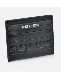 POLICE tarjetero plano de piel vintage para hombre logo grabado